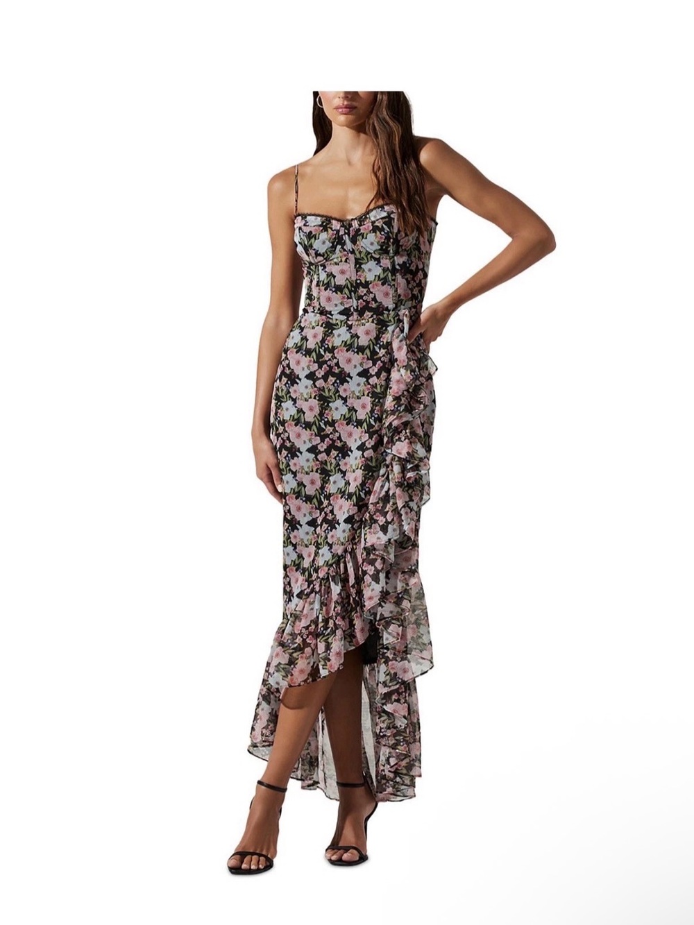 Astr Floral Ruffle High-Low Slip Dress in Pink and Black NEW WITHOUT TAGS